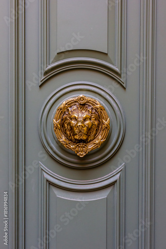 Elegant Green Door With Ornate Gold Lion Knocker From Classic Entryway Design Architectural Detail