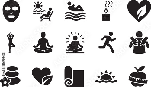   Wellness icon set showing health, balance, fitness, and self-care symbols in bold solid vector style.