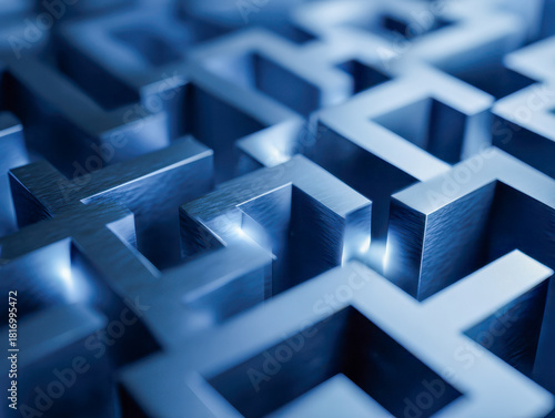 Metallic blue maze pattern with sharp edges and glowing highlights symbolizing complex problem solving and intricate pathways in modern design concepts