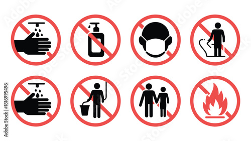 Hygiene & Safety Signs for Offices, Malls Wash Hands, Sanitize, Face Mask, No Littering, Fire Exit Silhouettes