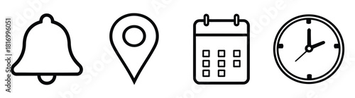 Four essential icons notification location calendar and clock vector line art icon set