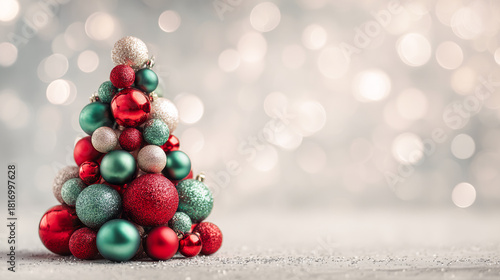 Fototapeta Naklejka Na Ścianę i Meble -  Decorative Christmas tree shape made from red, green, and silver baubles with shimmering bokeh and copy space