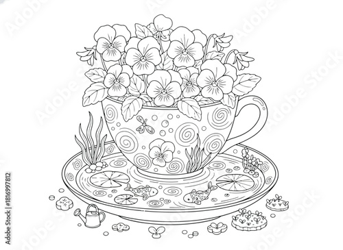 Pansy flowers in a teacup on a saucer pond coloring page