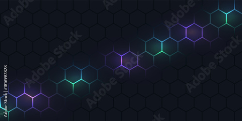 Dark hexagonal technology abstract vector background with purple and green colored bright flashes under hexagon. Hexagonal gaming vector.