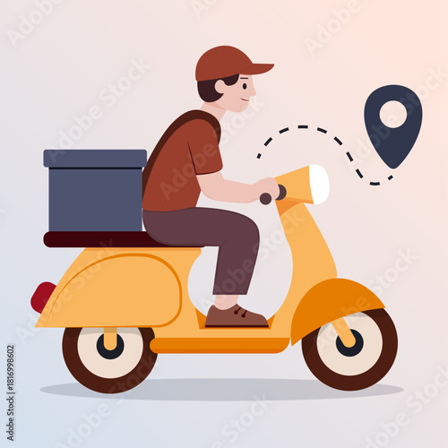 Scooter delivery. Shopping delivery. Online motorcycle delivery. Yellow motorcycle for delivery.man on scooter