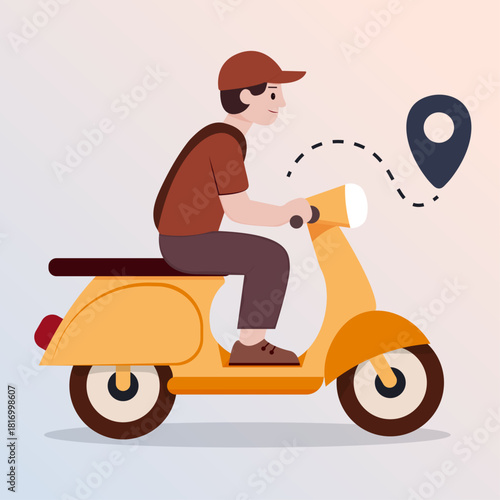 Scooter delivery. Shopping delivery. Online motorcycle delivery. Yellow motorcycle for delivery.man on scooter