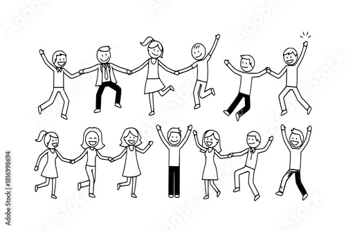 Stick figure celebrating people icon set. Happy men and women dancing, jumping, hands up pictogram
