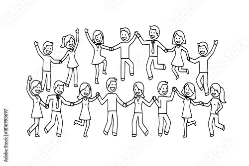 Stick figure celebrating people icon set. Happy men and women dancing, jumping, hands up pictogram
