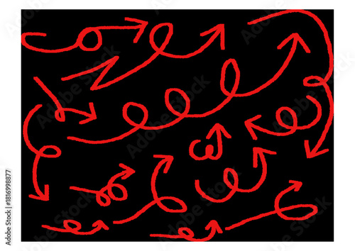 Chaotic red arrows twist, loop, and dart across black, forming a dynamic abstract pattern of motion, confusion, and directional energy.