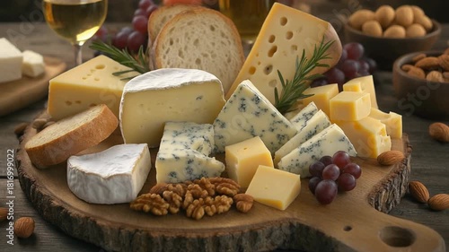 Cheese board with wine, grapes, bread and nuts
