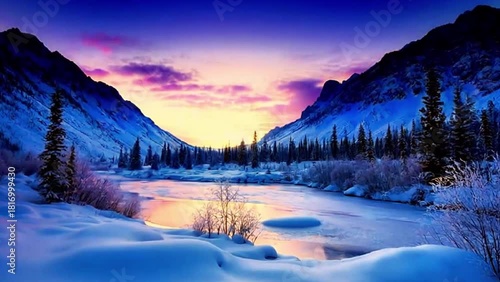 Serene winter landscape with snow-covered mountains and river at sunset  
