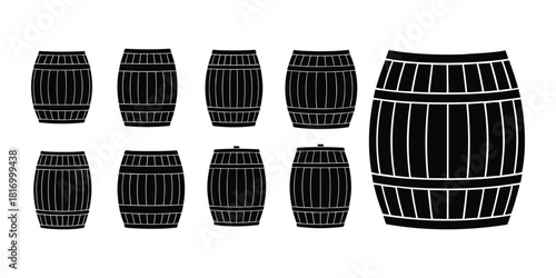 Collection of wooden barrels isolated on white background in various sizes
