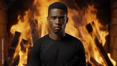 Man before fireplace