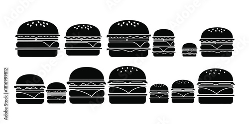 Collection of burger icons isolated on white background in black silhouette