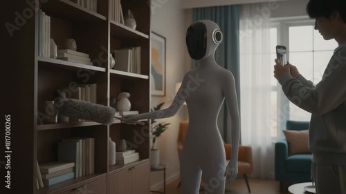 Futuristic Home Service Robot Dusting Bookshelf While Man Records on Smartphone