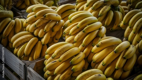 A bountiful harvest of ripe bananas stacked high in wooden crates at the market