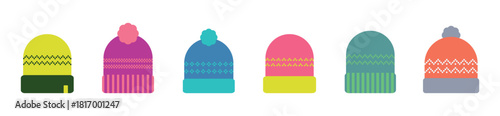 A set of knitted hats in various colors. Winter and autumn hats with patterns. Flat style vector illustration.