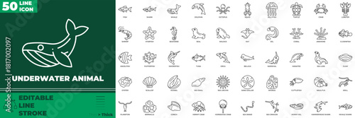 Underwater Animal Line Editable Icons set