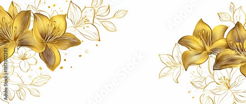 Gold and white flower design with a white background. The flowers are gold and white. The design is elegant