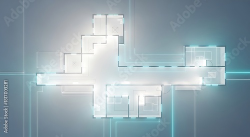 Overhead architectural blueprint of a modern house with glowing blue lines and interior layout