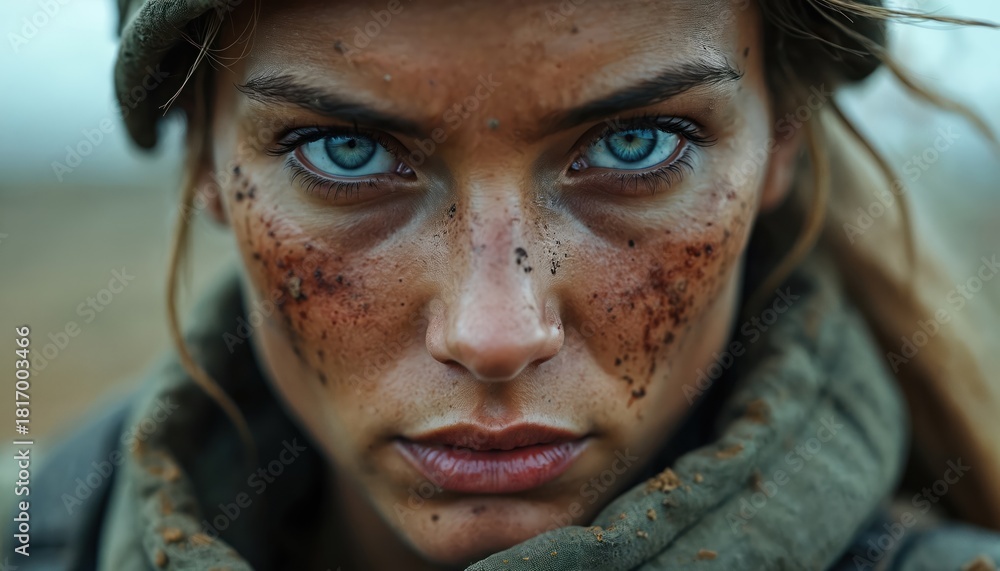Fototapeta premium Face closeup of woman soldier. Dirt covers face. Blue eyes stare intently forward. Female shows grit, determination, strength, resilience in dramatic modern conflict portrait. Fights for survival.