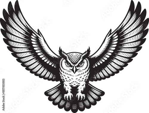A detailed black and white illustration of an owl in mid-flight, its wings fully extended, showcasing intricate feather detail.