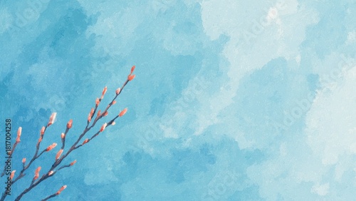 やわらかな春色の空と花芽の枝 水彩アート背景