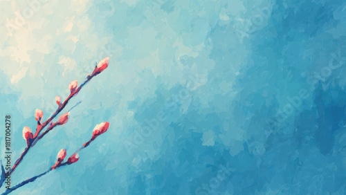 淡青の春空と芽吹く枝の水彩イラスト背景素材