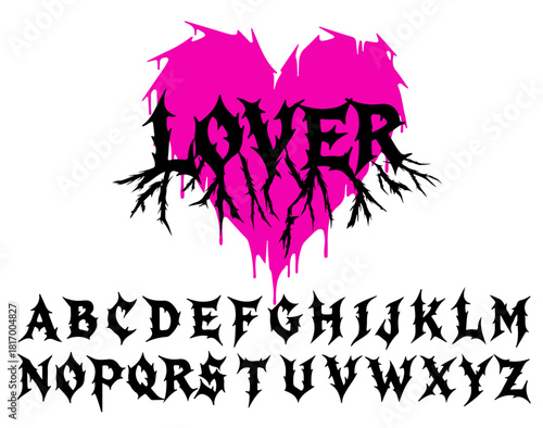 Spiky gothic font in black, set against a dripping, broken pink heart shape. The style is emo and dramatic Y2K, using sharp shapes and bold contrast for a dark romance theme.