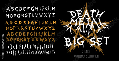 Big set of jagged, spiky death metal fonts in white and gold on a black background, with chaotic, aggressive shapes. The style is dark, bold, and energetic, ideal for metal music themes.