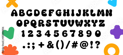 Y2K bubble style vector font. Plump, rounded English alphabet and numbers in graffiti style from the 2000s.