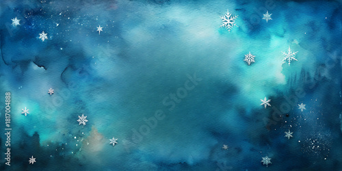 Wallpaper Mural winter watercolor background in deep blue tones, featuring scattered snowflake accents and soft atmospheric texture. Perfect for holiday greeting cards, winter posters, social media banners Torontodigital.ca