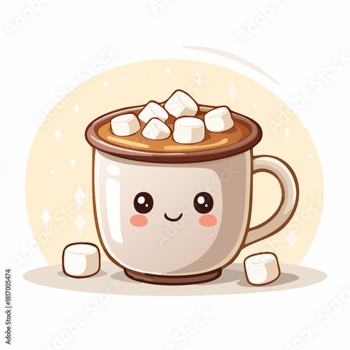 Kawaii mug of hot cocoa with smiling marshmallows on top, pastel browns and creams, soft rounded vector illustration, white background