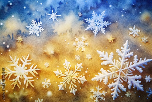 Wallpaper Mural winter watercolor background with a glowing blend of golden and deep blue tones, decorated with detailed snowflakes and soft light effects holiday cards, seasonal invitations, festive posters Torontodigital.ca