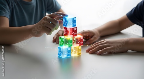 Two children hands collaboratively building a colorful digital block tower with glowing lines, symbolizing Generation Alpha's future learning, collaborative technology, and bridging physical
