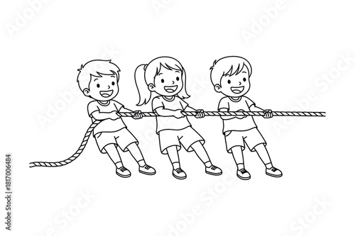 Three children playing a tug of war game with a rope