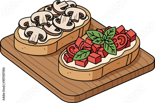 Isometric Cartoon Illustration of Bruschetta Appetizer with Mushroom and Tomato Basil Toppings