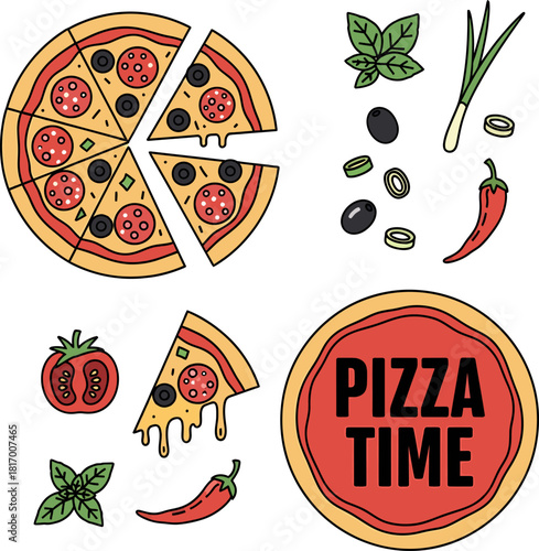 Hand Drawn Pizza Doodle Set: Slices, Pepperoni, Basil, Olives, Tomato, Chili, and 'Pizza Time' Sticker Vector Illustration