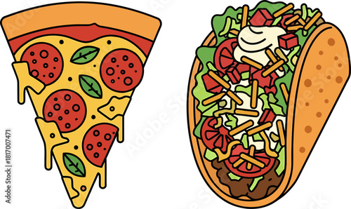 Cartoon Pizza Slice and Hard Taco Vector Icon Set