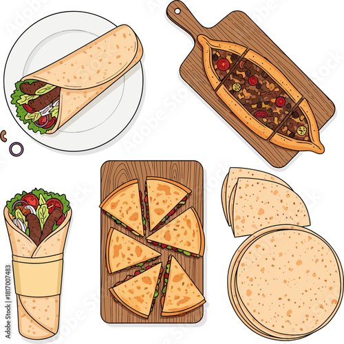 Hand-Drawn Flatbread Dishes Collection: Turkish Pide, Kebab Wrap, and Quesadilla Slices Vector Set