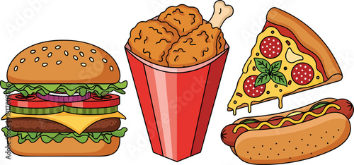 Cartoon Fast Food Collection: Burger, Pizza Slice, Fried Chicken, and Hot Dog Vector Illustration