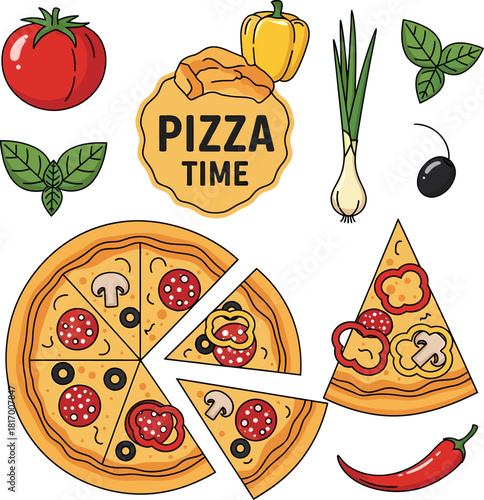 Pizza Time Vector Set with Slices, Pepperoni, Tomato, Mushroom, and Cooking Ingredients