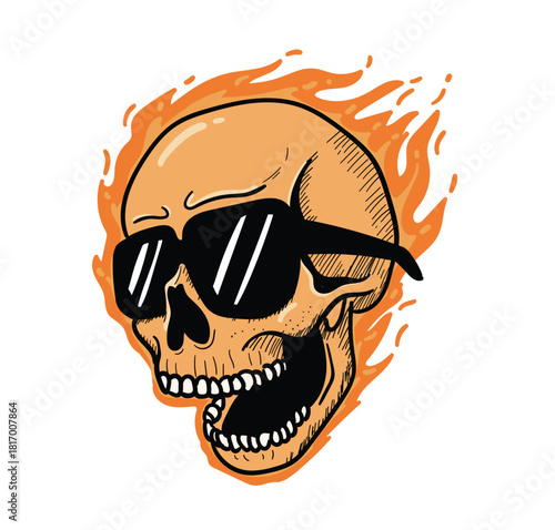 Flaming Cool Skull with Sunglasses - Retro Tattoo Style Illustration