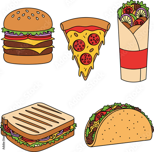 Cartoon Fast Food Collection: Burger, Pizza, Taco, Wrap, and Sandwich Vector Icons