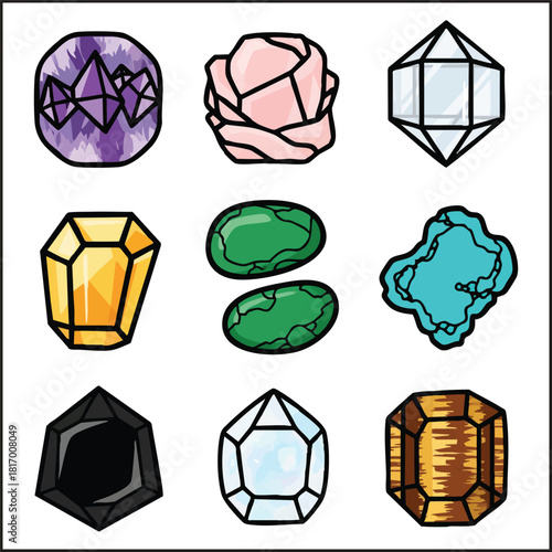 Colorful Crystal, Gemstone, and Mineral Vector Set