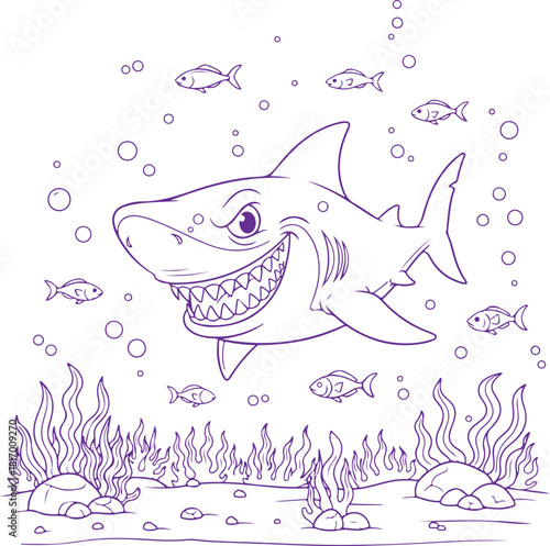 Smiling cartoon shark with fish and seaweed underwater drawing vector illustration