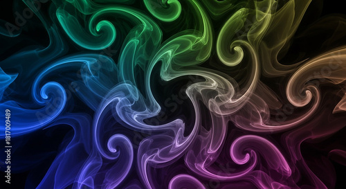 Abstract swirl design with rainbow colors on dark backdrop elegant curves create mesmerizing pattern soft smoke effect flows dynamically modern artistic background