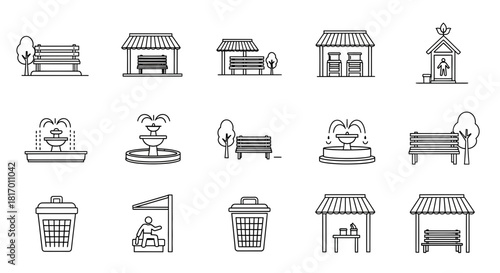 Collection of line art illustrations depicting various park elements and structures.