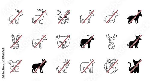 Illustration depicting various animal silhouettes with a prohibition symbol, conveying a "no" concept.
