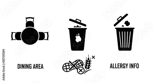 Icon set depicting dining area, trash can, and allergy information symbols in black and white.